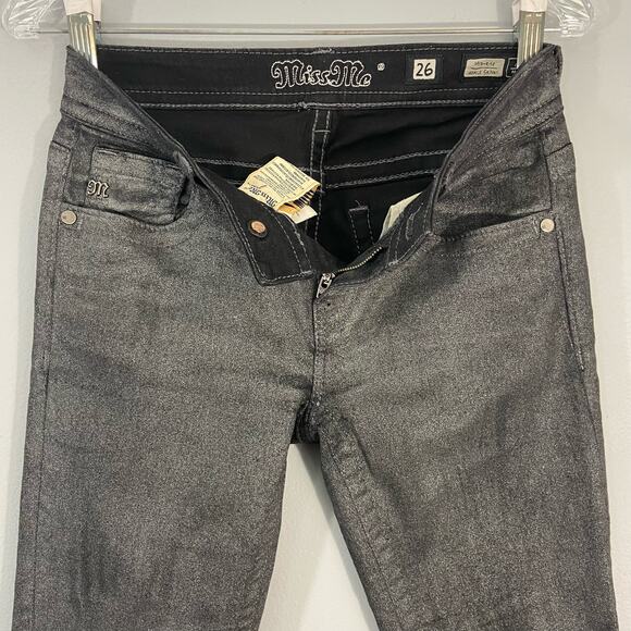 Miss Me Mid Rise Ankle Skinny Metallic Grey Jeans - Picture 4 of 8